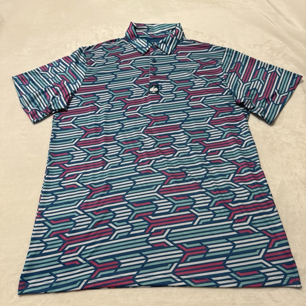 Pins & Aces Golf Polo Shirt Mens Large Blue Pink Geometric Performance